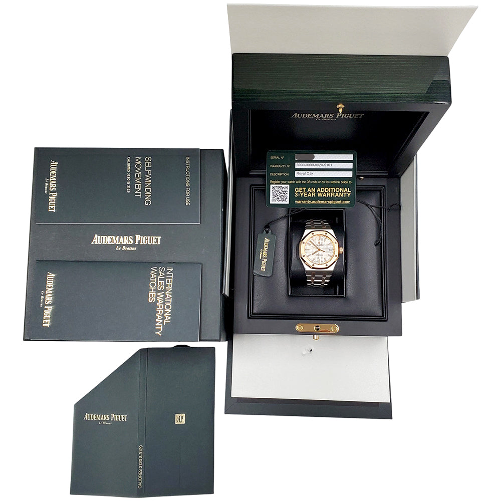 Audemars Piguet Royal Oak 37mm Silver Dial Two-Tone Rose Gold/Steel Watch 15450SR.OO.1256SR.01 Box Papers