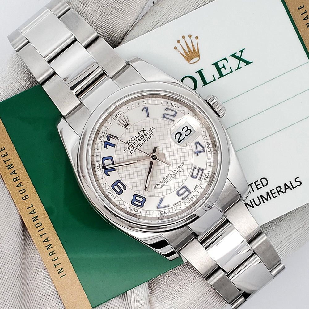 Rolex Datejust 36mm Silver Decorated Blue Arabic Dial Stainless Steel Oyster Watch 116200 Box Papers