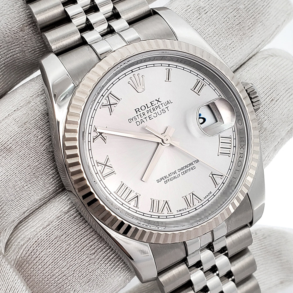 Rolex Datejust 36mm Silver Roman White Gold Fluted Bezel Steel Jubilee Watch 116234 Box Papers