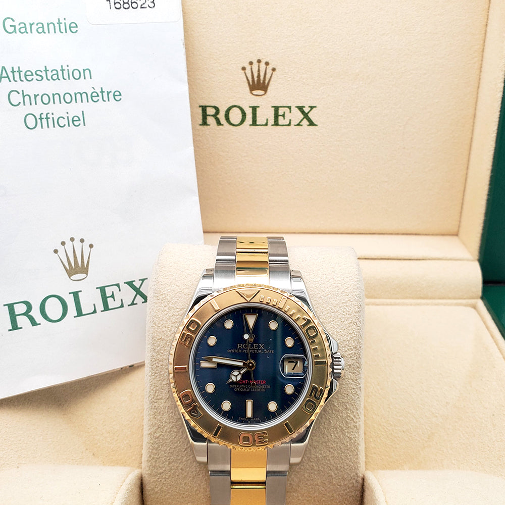 Rolex Yacht-Master Blue Dial Midsize 35mm Yellow Gold/Steel Watch 168623 Box Papers