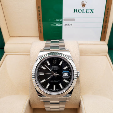 Rolex Datejust II 41mm 116334 Black Index Dial White Gold Fluted Bezel Steel Watch Box Papers