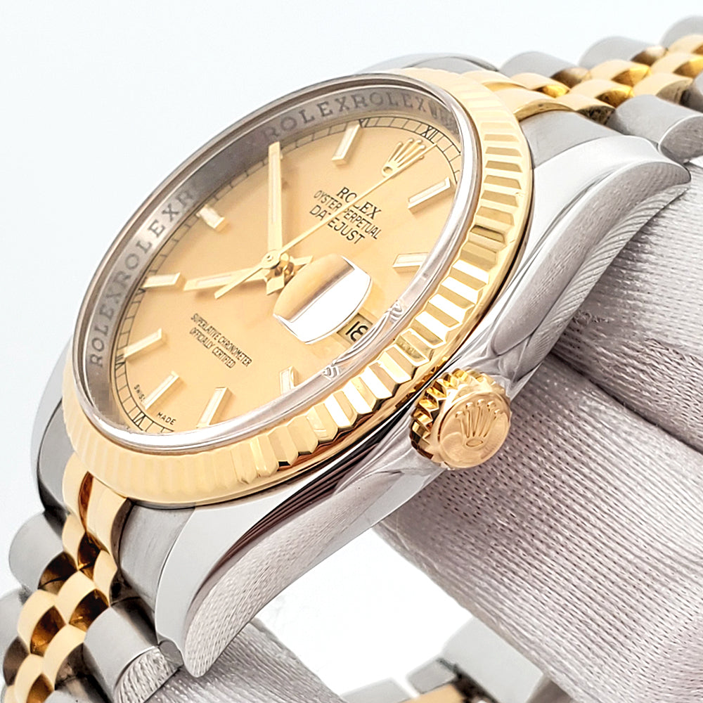 Rolex Datejust 36mm 2-Tone Yellow Gold/Steel Champagne Index Watch 116233 Box/Papers/Tag