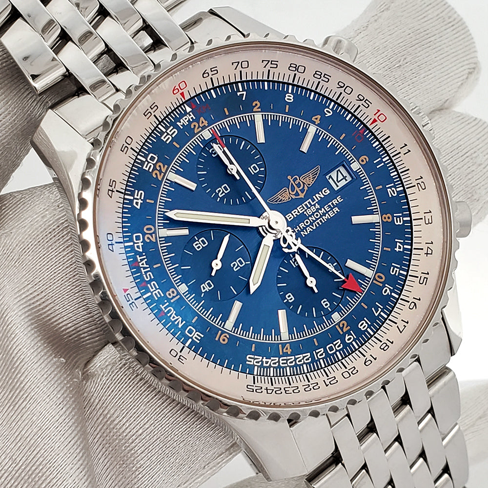 Breitling Navitimer Blue Dial World 46mm Chronograph GMT Steel Watch A24322 Box Papers