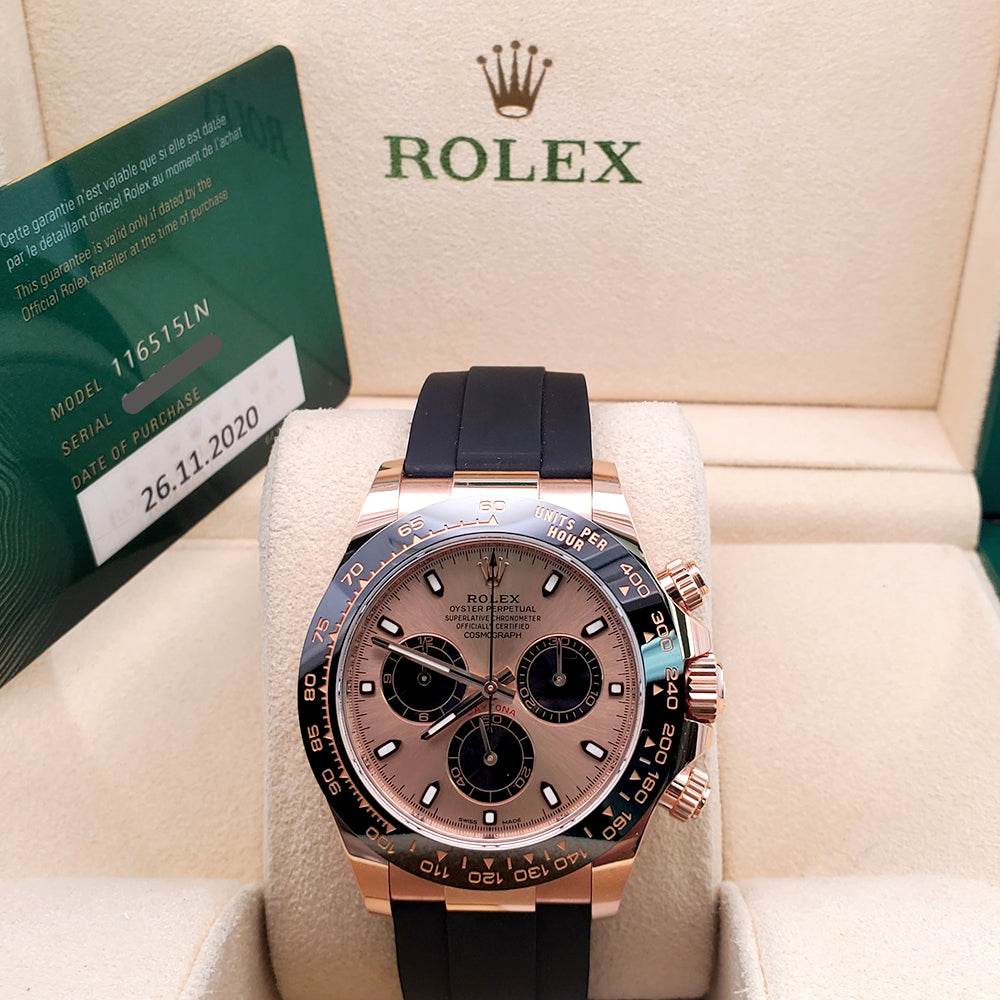 2020 Rolex Cosmograph Daytona 40mm Rose Dial Oysterflex Rubber Strap Everose Gold Watch 116515LN Box Papers