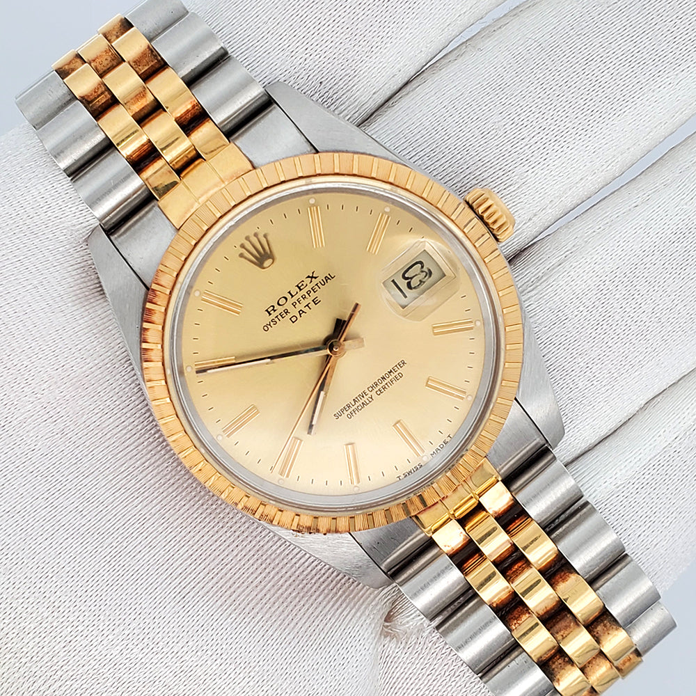 Rolex Date 34mm 15053 Champagne Index 2-tone Yellow Gold/Steel Jubilee Watch