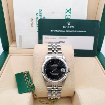 Rolex Datejust 31mm Black Dial Smooth Bezel Steel Jubilee Watch 68240 Box Papers