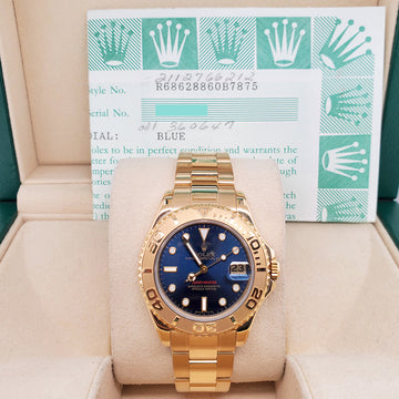 Rolex Yacht-Master 35mm Yellow Gold Blue Dial Oyster Watch 68628 Box Papers