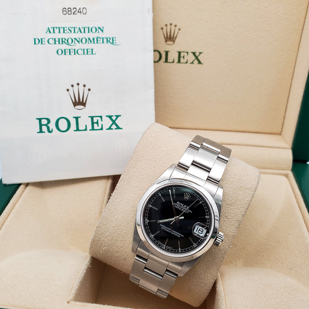 Rolex Datejust 31mm Black Dial Smooth Bezel Steel Watch 68240 Box Papers