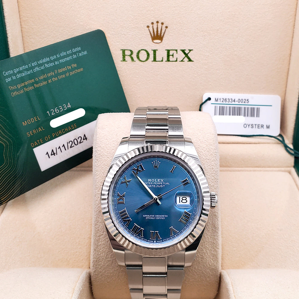 2024 Rolex Datejust 41 Blue Roman White Gold Fluted Bezel Watch 126334 Box/Papers/Tag