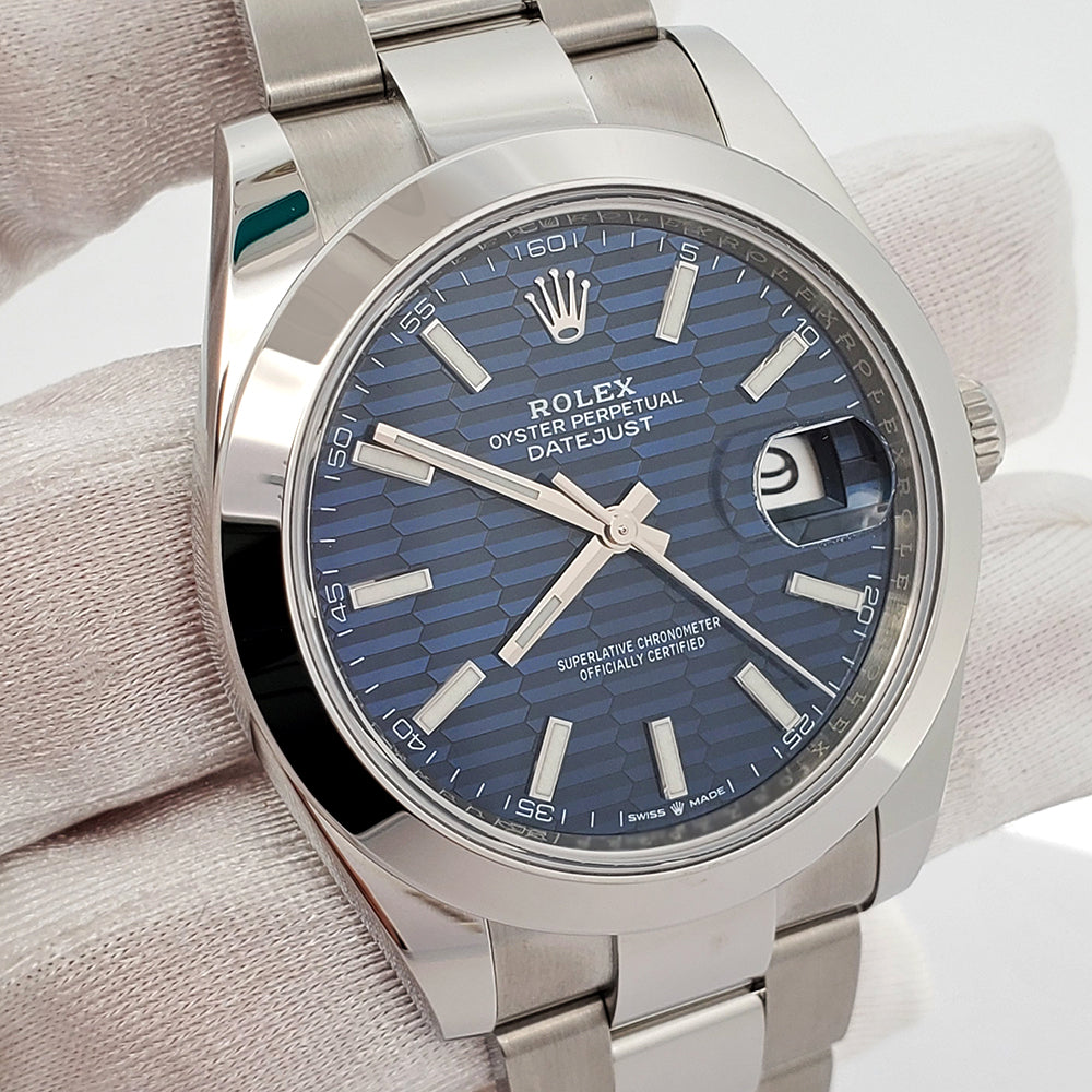 Unworn Rolex Datejust 41 126300 Blue Motif Dial Stainless Steel Oyster Watch 2023 Box Papers