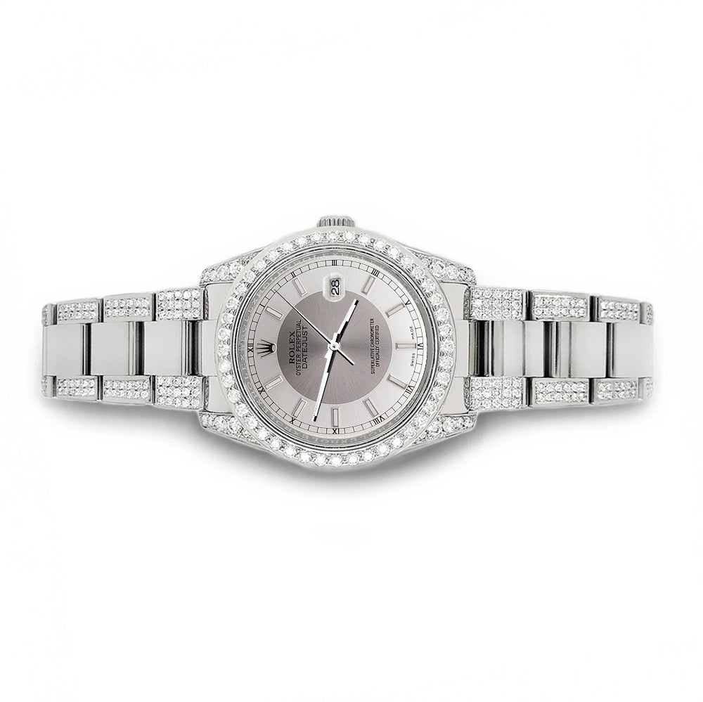 Rolex Datejust 36mm 5.9ct Diamond Bezel/Lugs/Bracelet/Silver Tuxedo Dial Steel Watch 116200 Box Papers