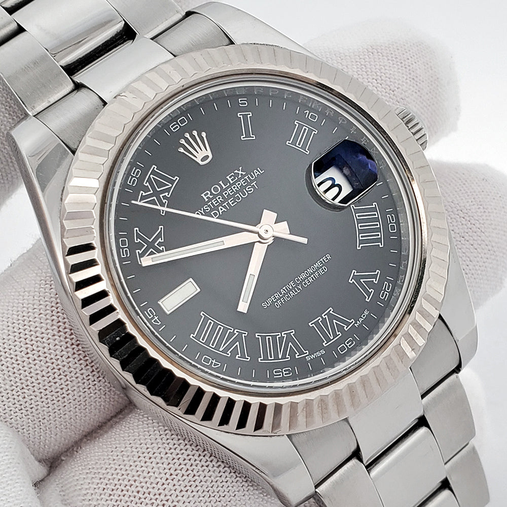 Rolex Datejust II 41mm 116334 Black Roman Dial White Gold Fluted Bezel Steel Watch Box Papers