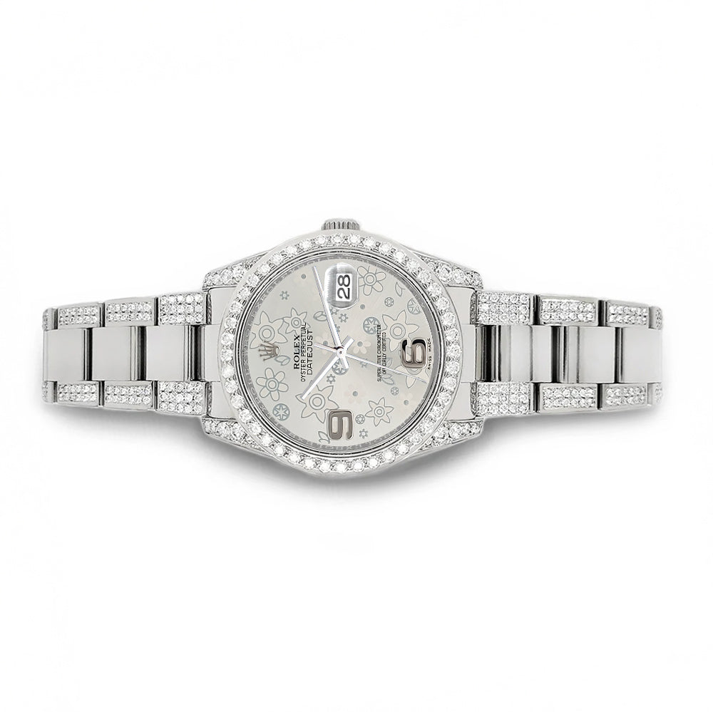 Rolex Datejust 36mm 5.9ct Diamond Bezel/Lugs/Bracelet/Silver Floral Dial Steel Watch 116200 Box Papers