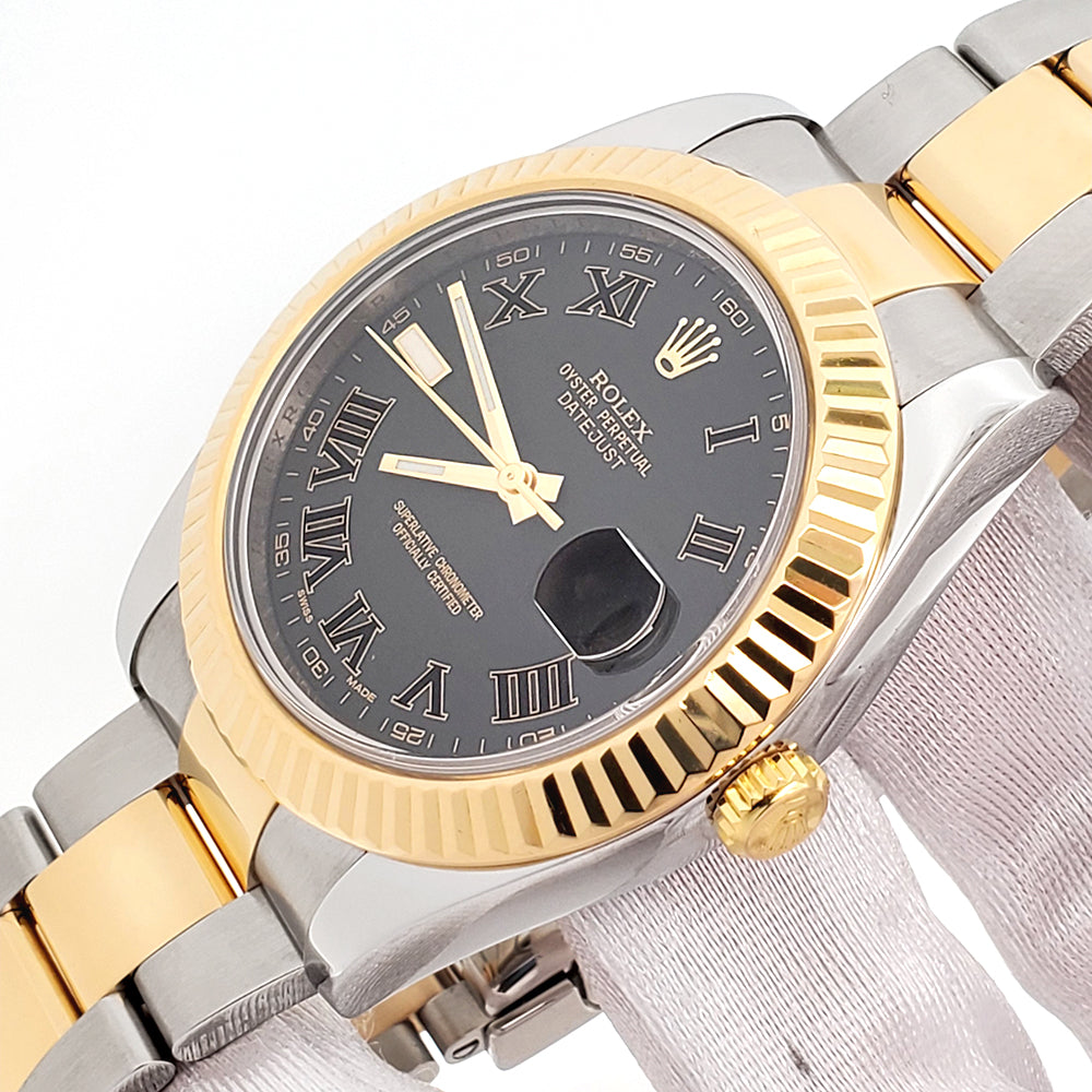 Rolex Datejust II 41mm Black Roman Dial 2-Tone Yellow Gold/ Steel Watch 116333 Box/Papers/Tag