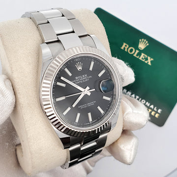 Rolex Datejust 41 Black Index Dial White Gold Fluted Bezel Watch 126334 2021 Box Papers