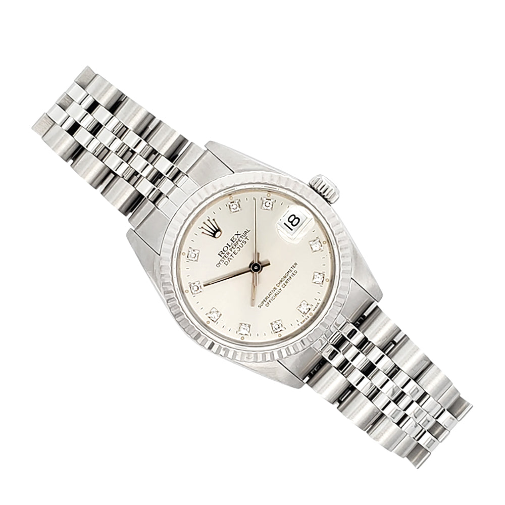 Rolex Datejust 31mm Factory Silver Diamond Dial White Gold Fluted Bezel Steel Jubilee Watch 68274