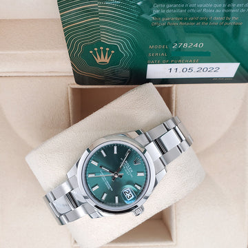 Unworn Rolex Datejust 31mm 278240 Mint Green Index Dial Stainless Steel Oyster Watch 2022 Box Papers