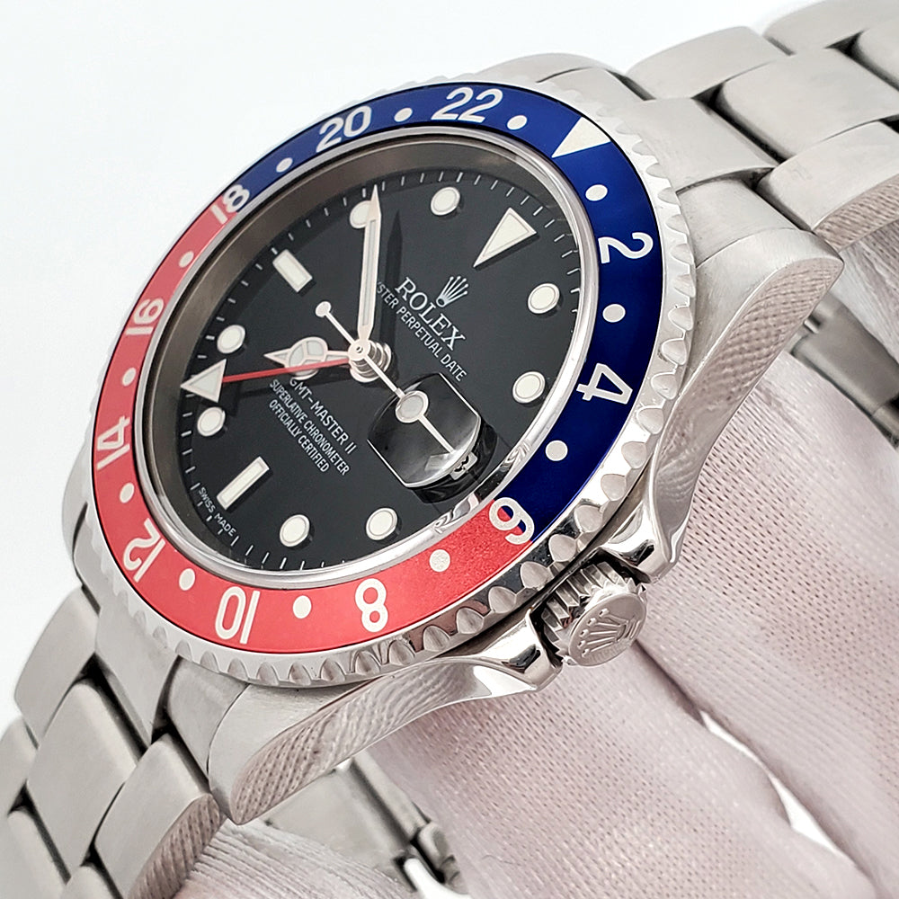 Rolex GMT-Master II 40mm Pepsi Bezel Rare Stick Dial Steel Watch 16710 Box/Service Papers