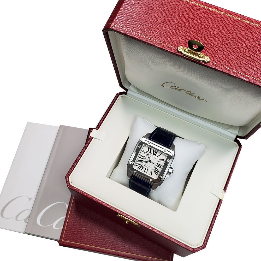 Cartier Santos 100 XL White Roman Dial Stainless Steel Watch W20073X8 2656 Box Papers
