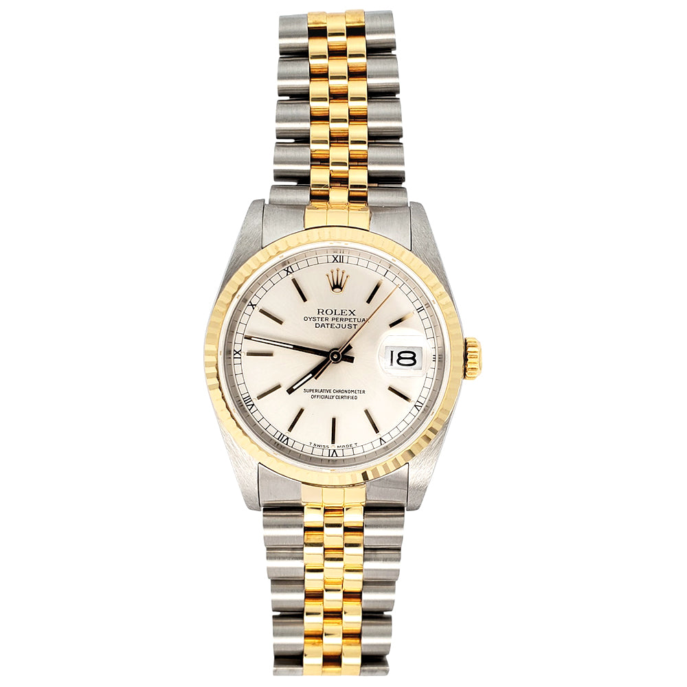 Rolex Datejust 36mm 16233 Silver Index Dial 2-tone Yellow Gold/Steel Jubilee Watch