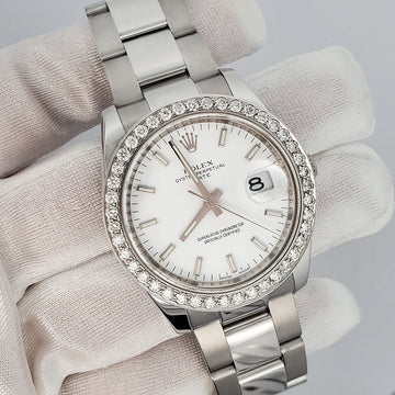 Rolex Date 34mm White Index Dial Diamond Bezel Steel Oyster Watch 115210 Box Papers