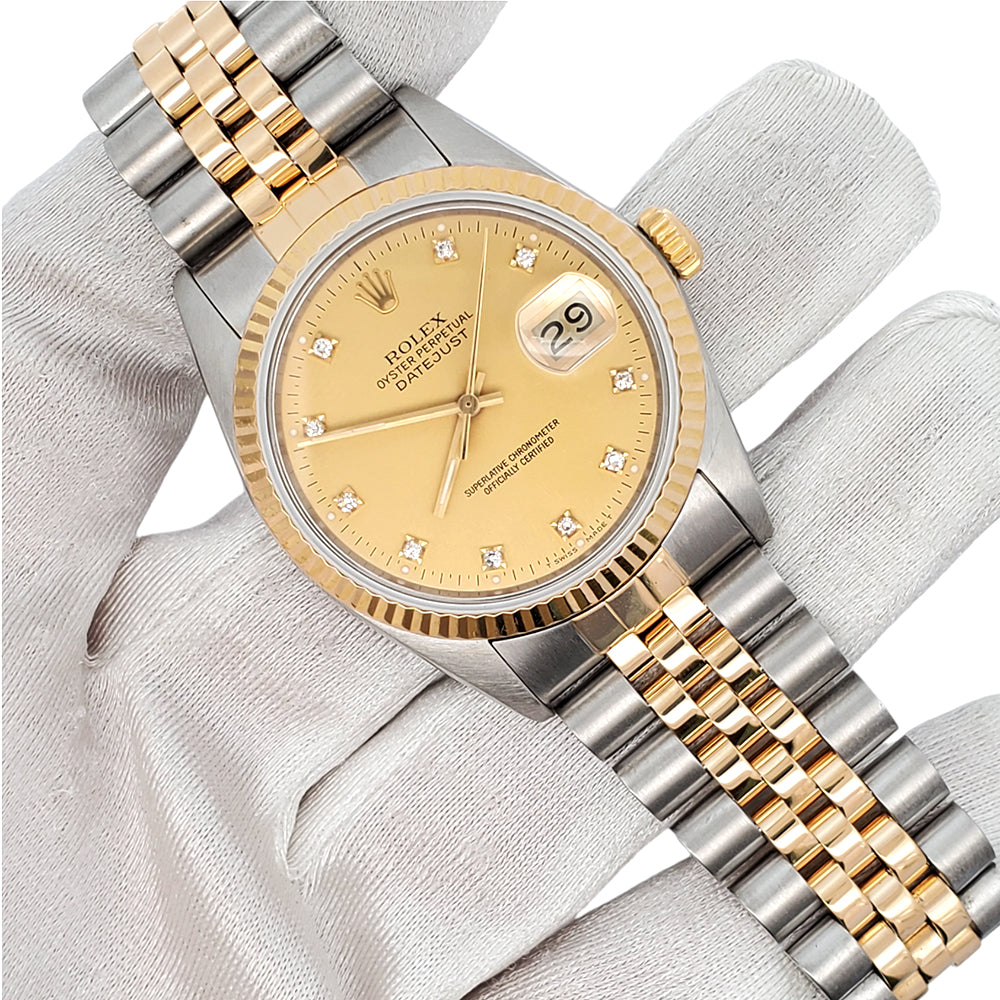 Rolex Datejust 36mm Factory Champagne Diamond Dial Yellow Gold/Steel Watch 16013