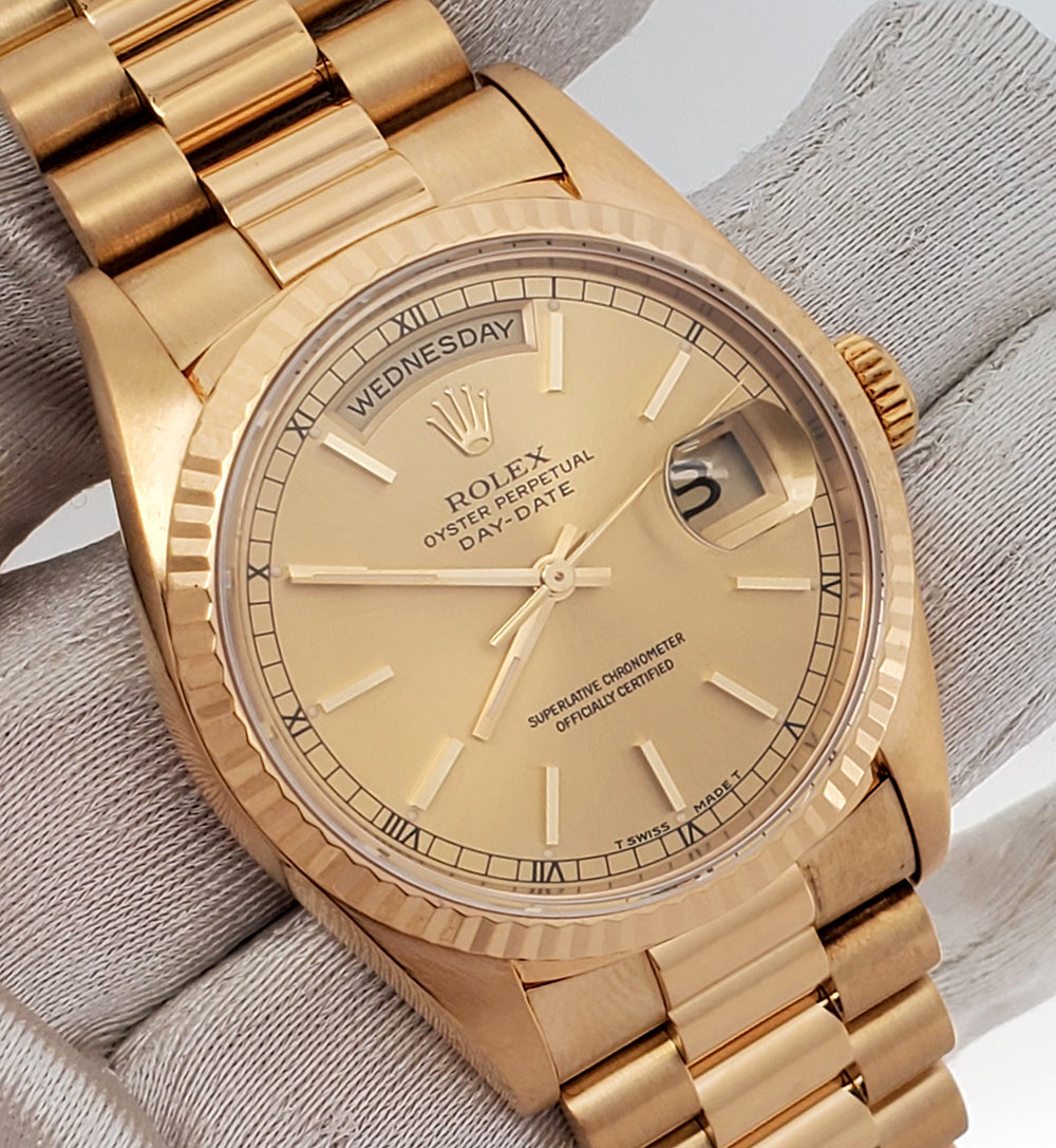 Rolex President Day-Date 36mm 18238 Factory Champagne Index Double-Quick Yellow Gold Watch Box Papers