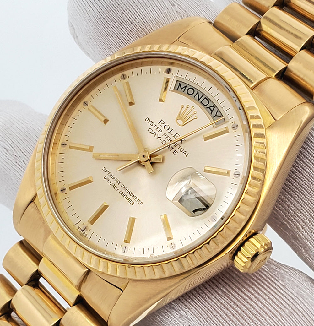 Rolex President Day-Date 36mm Silver Index Dial Yellow Gold 18038 Watch Box Papers