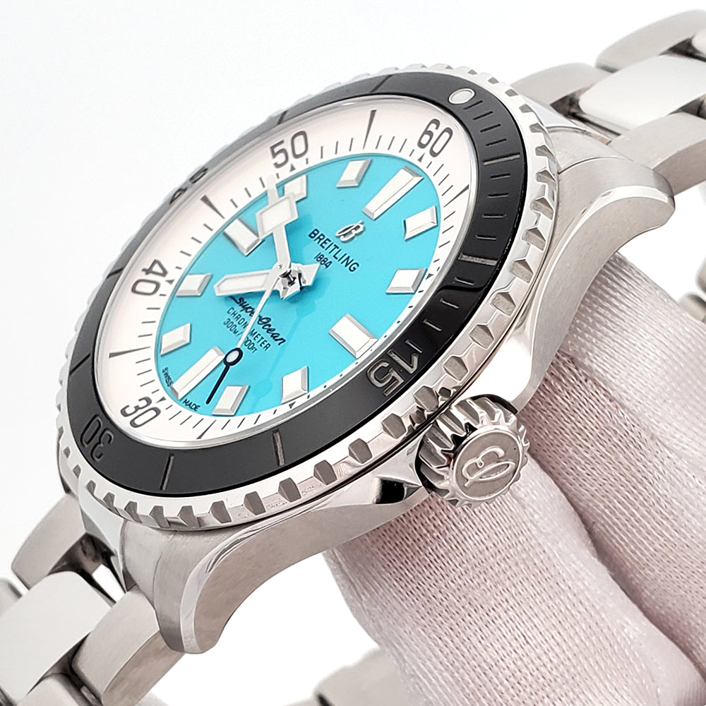 2022 Breitling Superocean 44mm Turquoise Dial Steel Mens Watch A17376 Papers