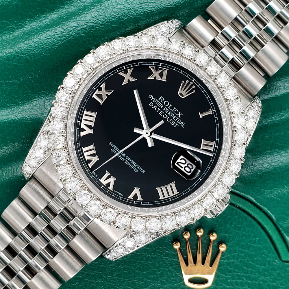 Rolex Datejust 116200 36mm 3.9CT Diamond Bezel/Lugs/Black Roman Dial Steel Watch