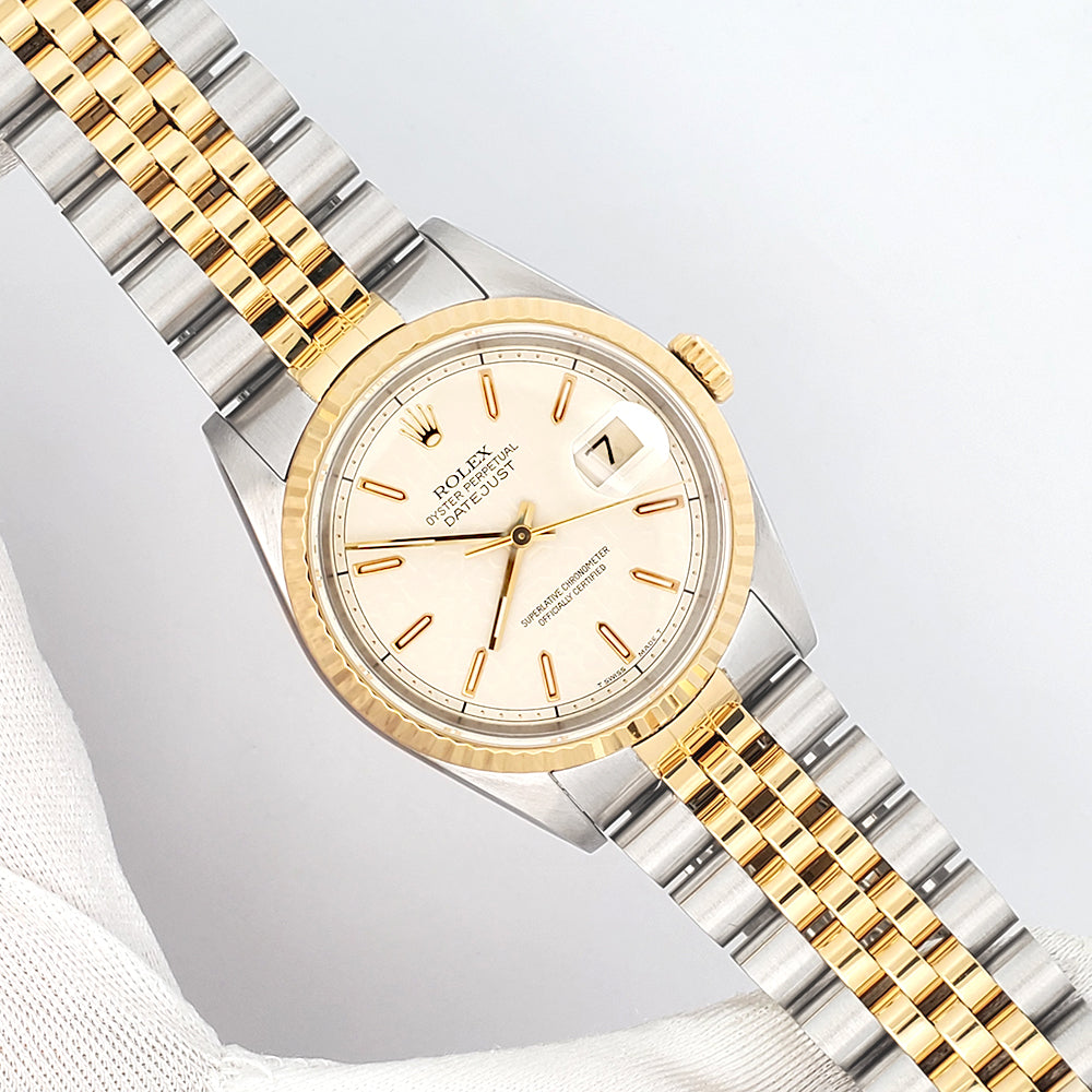 Rolex Datejust 36mm 16233 Cream Jubilee Index Dial 2-tone Yellow Gold/Steel Jubilee Watch