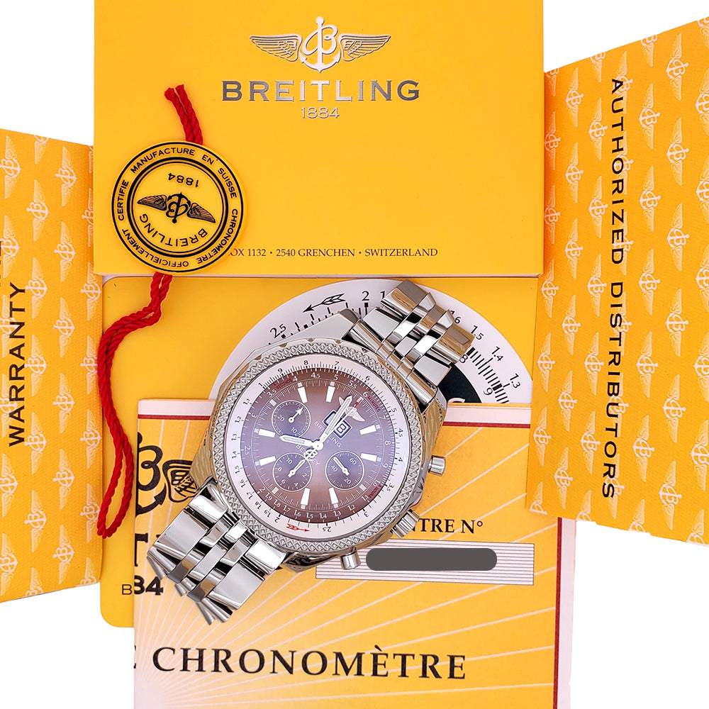 Breitling Bentley 6.75 Chronograph 49mm Brown Index Dial Big Date Steel Watch A44362 Papers