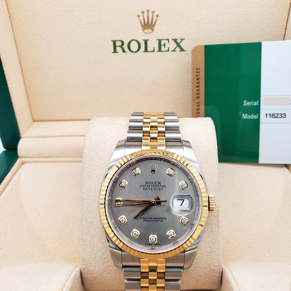 2018 Rolex Datejust 116233 Factory Slate Diamond Dial 2-tone Yellow Gold/Steel Jubilee 36mm Watch Box Papers