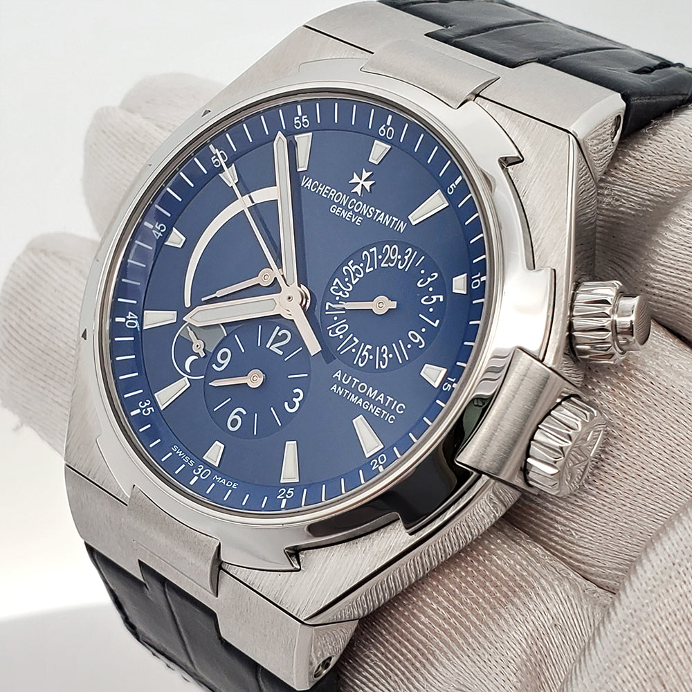 Vacheron Constantin Overseas Dual Time 42mm Blue Dial Titanium Bezel Chronograph Steel Watch 47450 Full Set