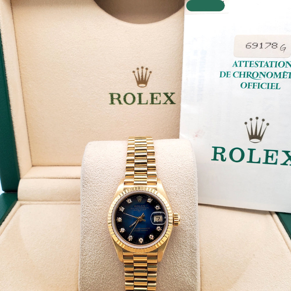 Rolex President Factory Blue Vignette Diamond Dial Yellow Gold Ladies 26mm Watch 69178 Box Papers