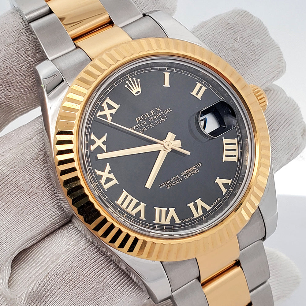 Rolex Datejust II 41mm Black Roman Dial 2-Tone 18K Yellow Gold/Stainless Steel Watch 116333 Box Papers