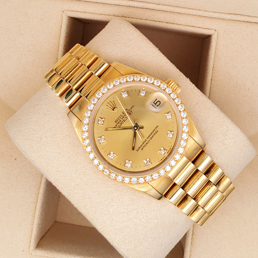 Rolex President Datejust 31mm Yellow Gold Factory Champagne Diamond Dial Bezel Watch 68288