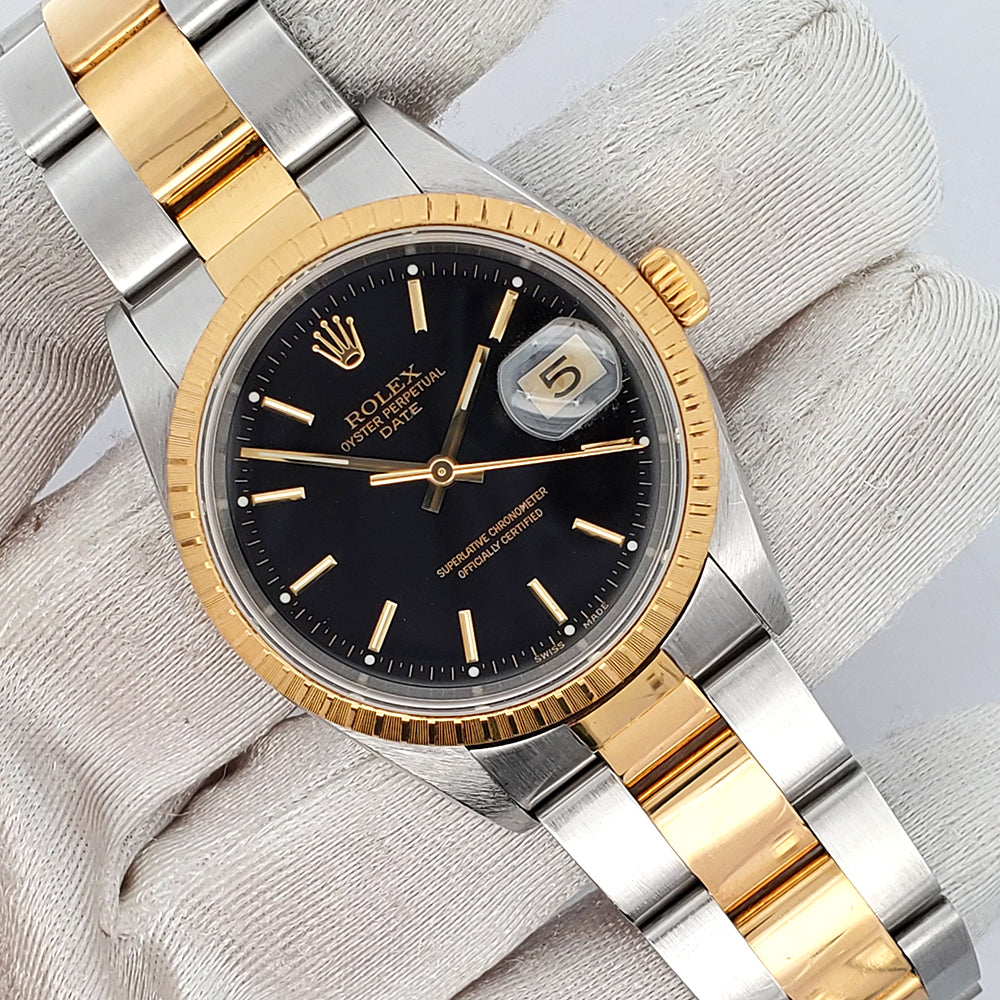Rolex Date 34mm 2-Tone Yellow Gold/ Stainless Steel Black Dial Oyster 15223 Watch