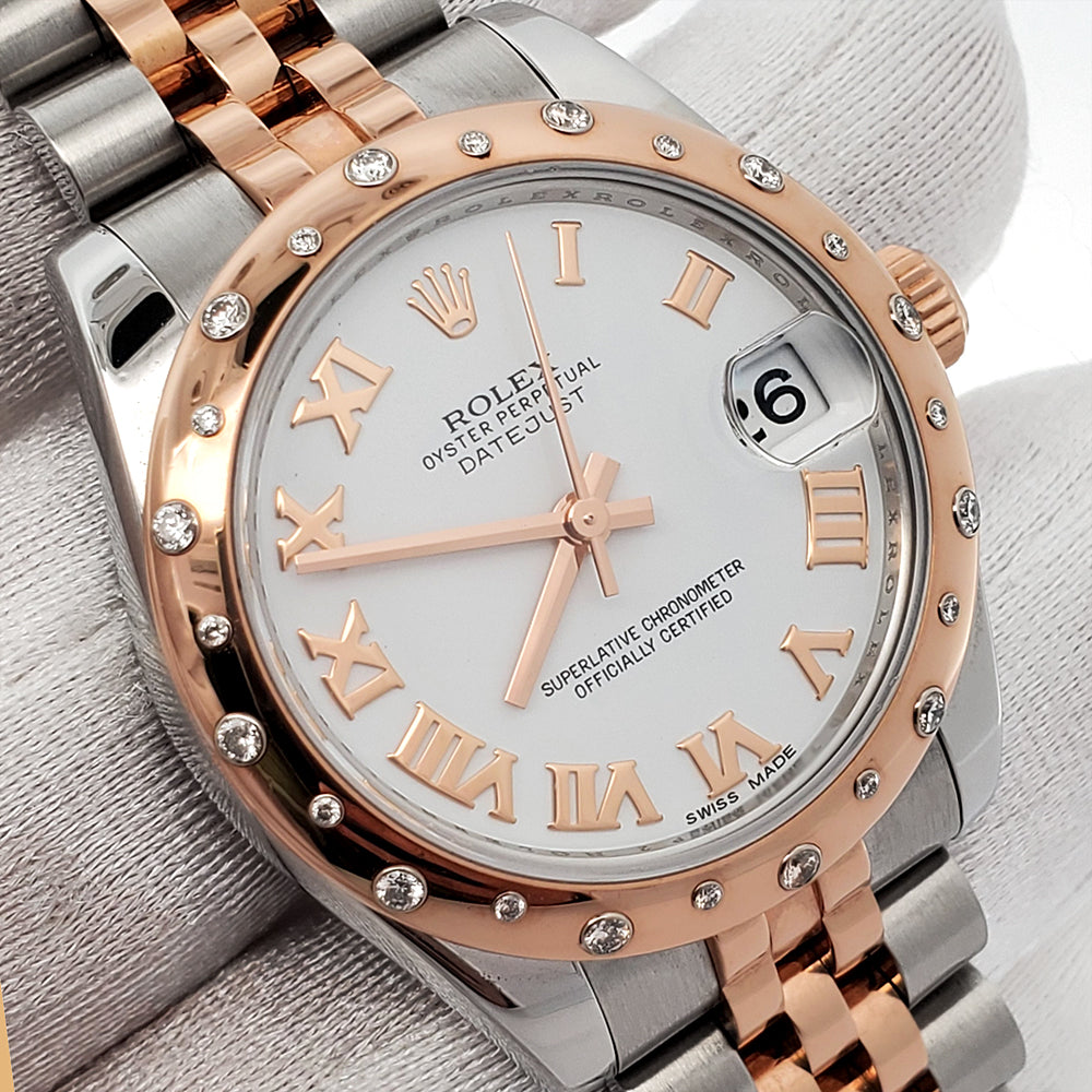 Rolex Datejust 31mm Scattered Diamond Bezel White Roman 2-tone Rose Gold/Steel Watch Box Papers