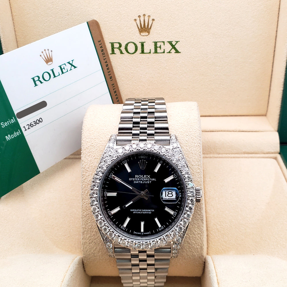Rolex Datejust 41 5.9CT Diamond Bezel/Lugs/Sides/Black Index Dial Jubilee Watch 126300 Box Papers