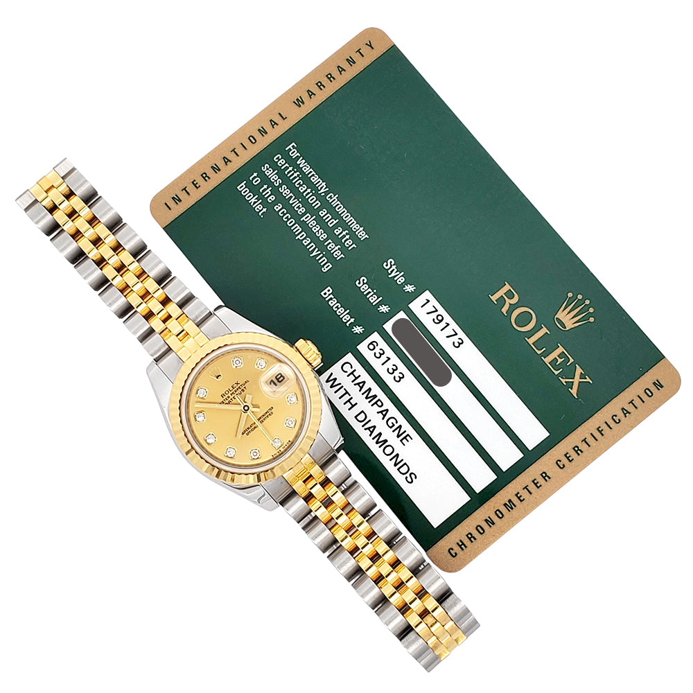 Rolex Datejust 26mm Factory Champagne Diamond Dial 2-tone Yellow/Gold Jubilee Watch 179173 Box Papers