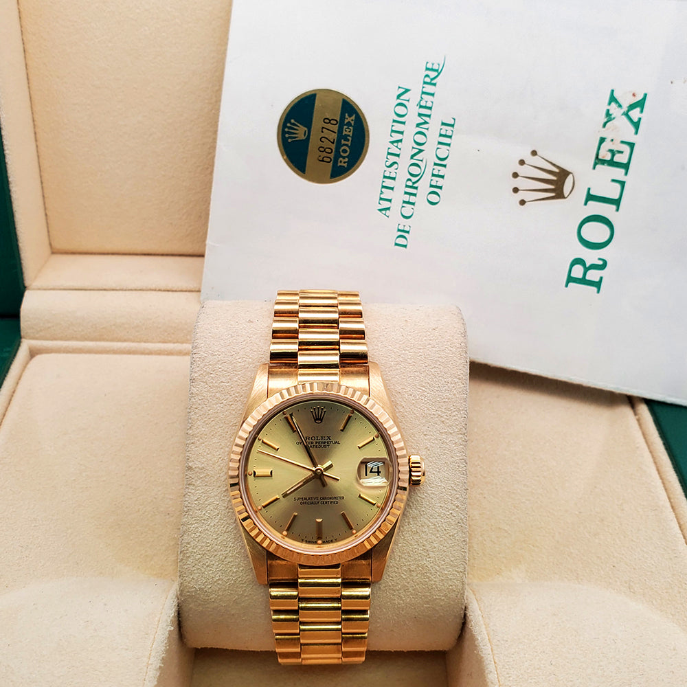 Rolex President Datejust 31mm Champagne Stick Dial Yellow Gold Watch 68278 Box Papers