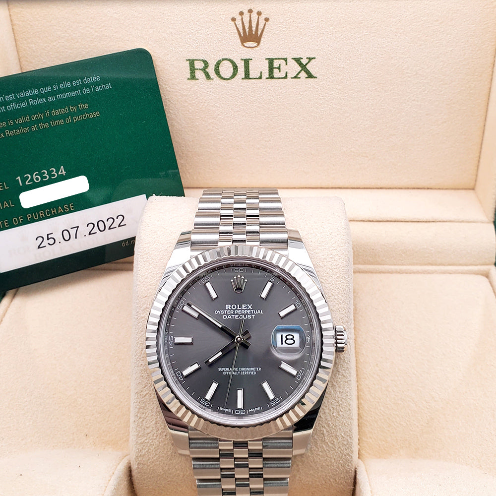 2022 Rolex Datejust 41mm 126334 Rhodium Gray Index Fluted White Gold/Steel Jubilee Watch Box Papers
