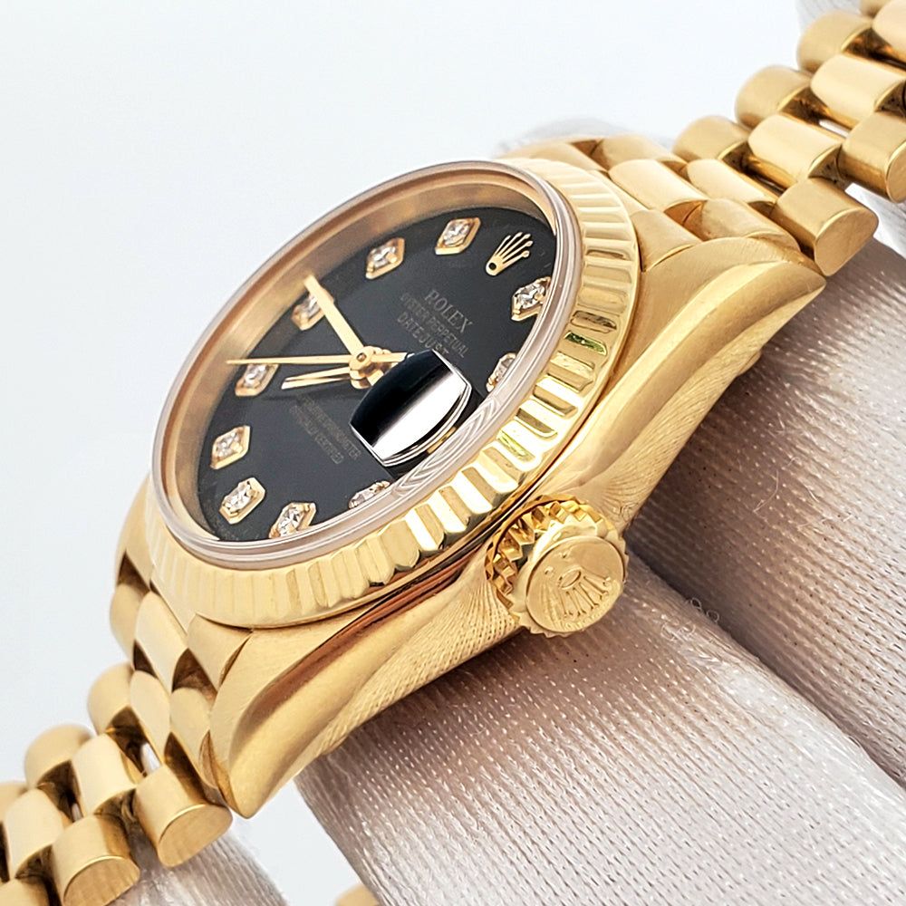 Rolex President Datejust 69178 Factory Black Diamond Dial Yellow Gold 26mm Watch Box Service Papers