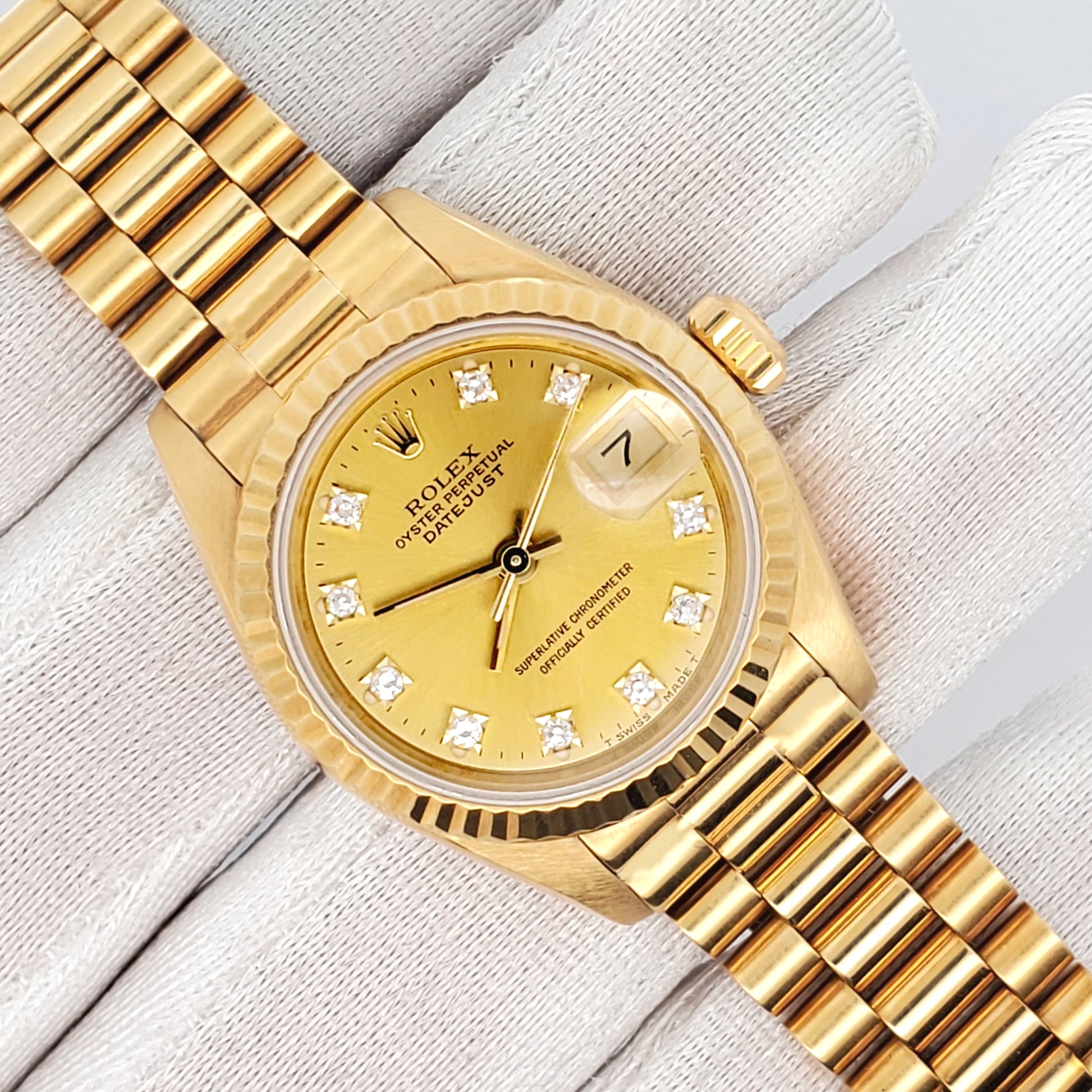 Rolex President Ladies 26mm Factory Champagne Diamond Dial Yellow Gold Watch 69178