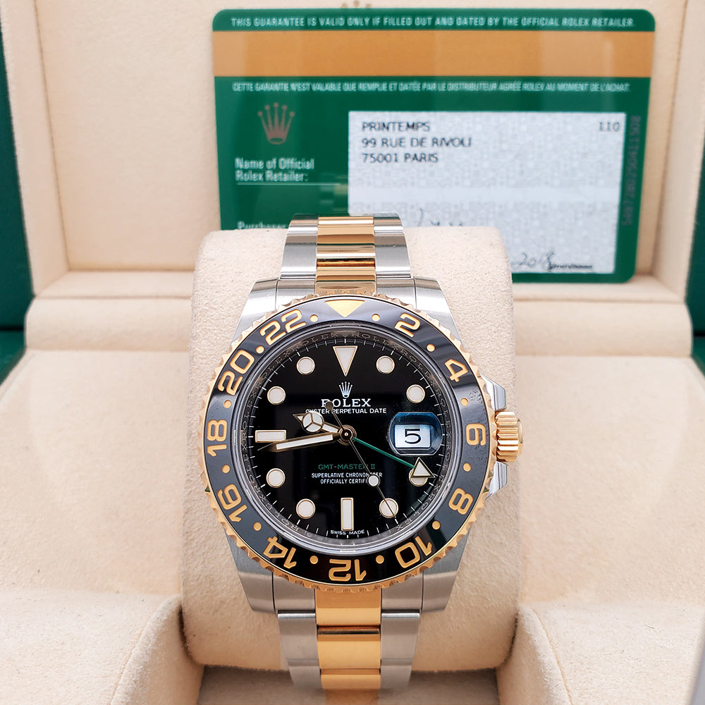 Rolex GMT-Master II 40mm Yellow Gold and Steel Black Ceramic Bezel Watch 116713LN Box Papers