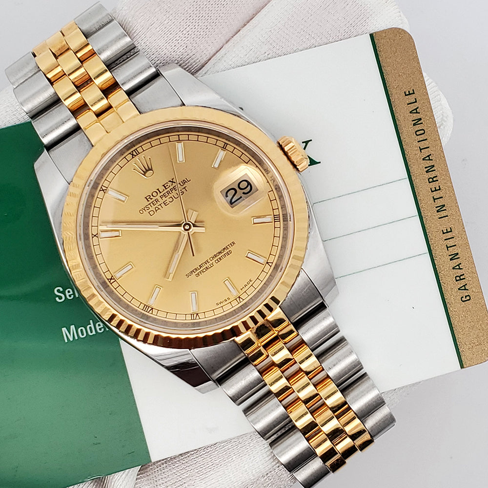 Upgrade your style with timeless sophistication. The Rolex Datejust 36mm boasts a champagne dial, gold & steel on a Jubilee bracelet. Shop today!