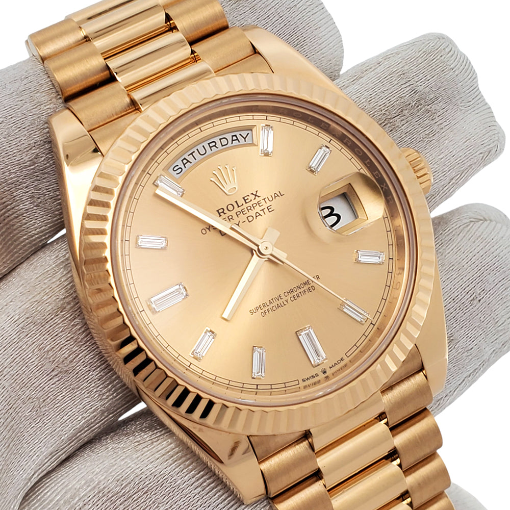 Rolex Day-Date 40mm President Yellow Gold Champagne Baguette Diamond Dial Watch 228238 Box Papers