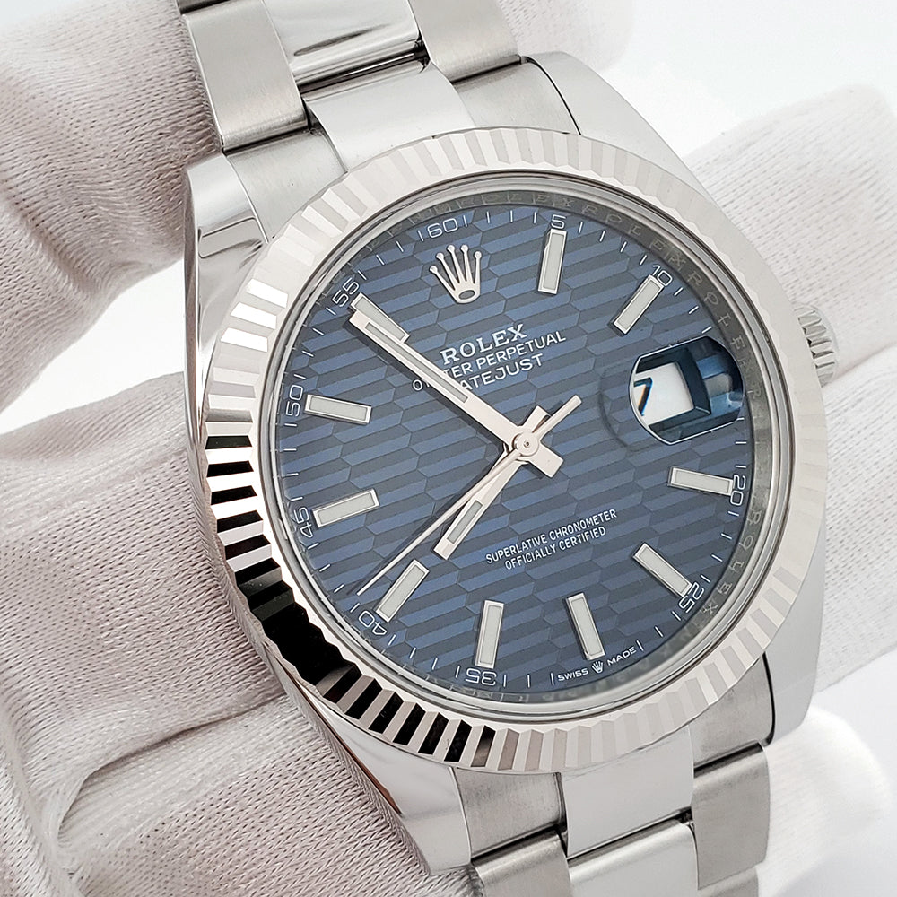Unworn Rolex Datejust 41 126334 Blue Motif White Gold Fluted Steel Watch 2023 Box Papers