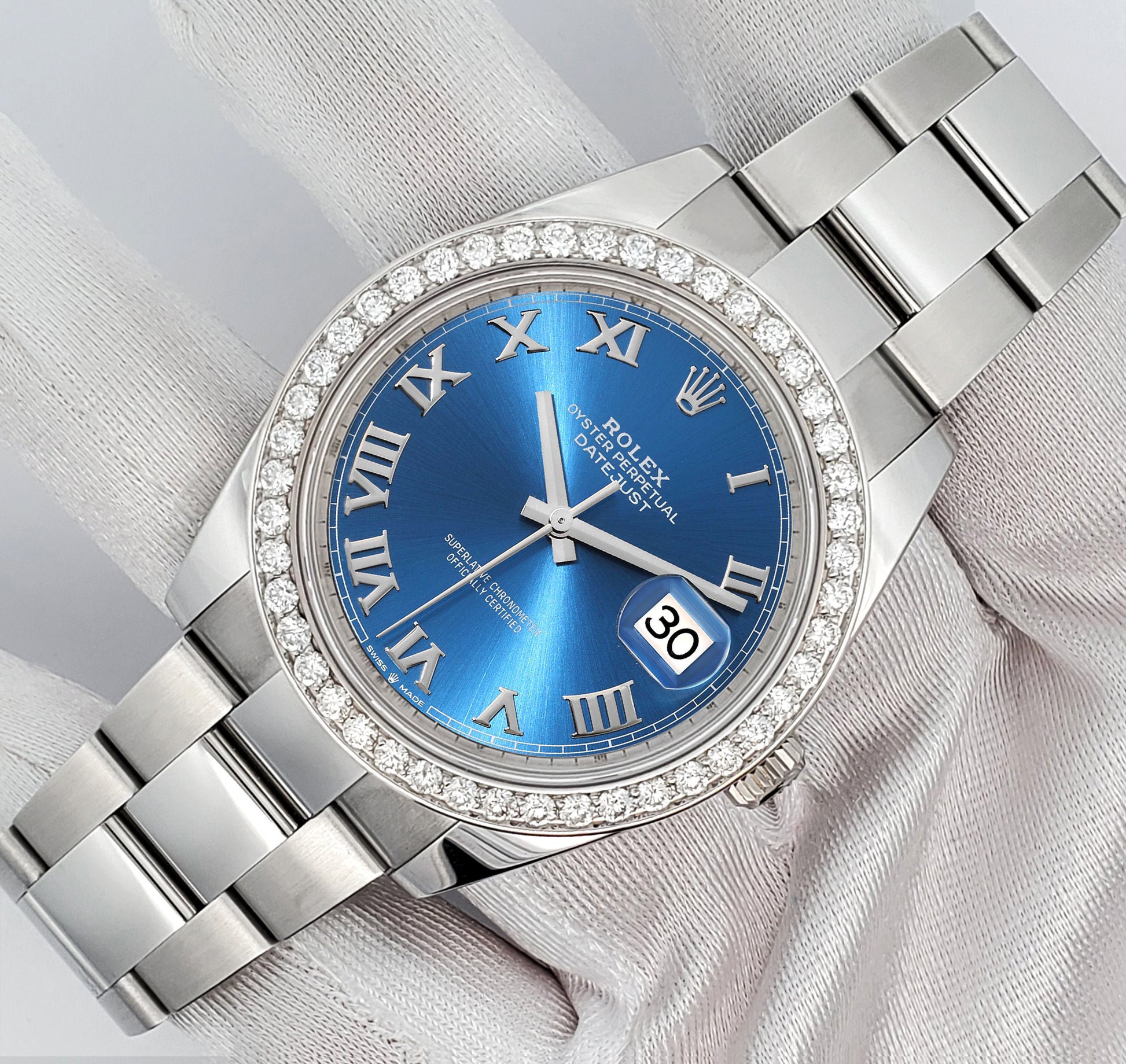 Rolex Datejust 41 126300 Blue Roman 2.4CT Diamond Bezel Steel Oyster Watch Box Papers
